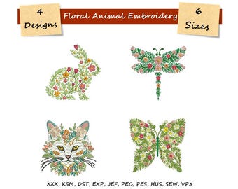 Floral Animals Embroidery - Rabbit Pattern - Dragonfly Design - Butterfly Embroidery - 4 Designs - 6 Sizes - İnstant Download - Cat Design