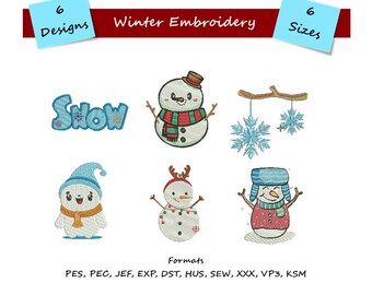 Snow Embroidery Designs - Winter Embroidery - Christmas and Snowman Embroidery - Snowflake Design - Winter Pattern - 6 Sizes - 6 Designs