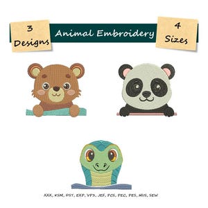 Peek a Boo Animal Embroidery Design - Bear Embroidery File - 4 Sizes - 3 Designs - Digital Download - Snake Embroidery - Panda Embroidery