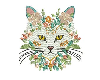 Floral cat embroidery designs - Cat embroidery design - Machine embroidery pattern -Animal embroidery file - Love  embroidery file - 6 Sizes