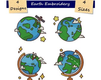Earth embroidery - Space machine embroidery - Embroidery file - World Embroidery - Digital download  - 4 Sizes - 4 Designs