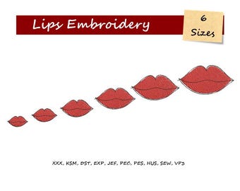 Red Lip Embroidery - Lips embroidery design - Lipstick embroidery design - Makeup embroidery design - Lips Silhouette Kiss Embroidery