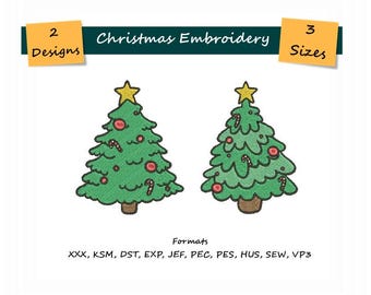 May include: Two Christmas tree embroidery designs in three sizes. The trees are green with red ornaments and candy canes. The text "Christmas Embroidery" is at the top of the image. The text "2 Designs" and "3 Sizes" are in yellow boxes on the left and right sides of the image. The text "Formats" is below the trees, followed by a list of embroidery file formats: XXX, KSM, DST, EXP, JEF, PEC, PES, HUS, SEW, VP3.