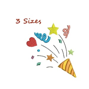 May include: A colorful party popper with confetti, stars, and a heart. The popper is yellow and orange with stripes. The text "3 Sizes" is above the popper.