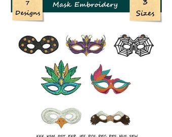Mask Machine Embroidery - 3 Sizes  - 7 Designs - Masquerade Mask Pattern - Masquerade Ball Embroidery Files - Instant Download