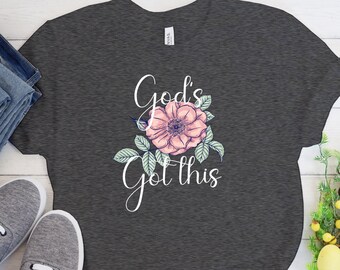 花柄の「Gods Got This」シャツ、イエス・キリストのシャツ、祈りのシャツ、女性用信仰のシャツ、インスピレーションのシャツ、モチベーションのシャツ、クリスチャンのシャツ