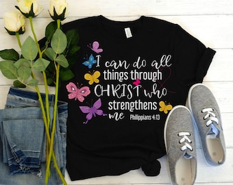 Camiseta "Todo lo puedo en Cristo", camiseta cristiana Filipenses 4:13, camiseta de fe con versículo bíblico, regalo religioso para creyentes, camiseta bíblica