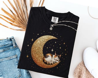 Maglietta con gatto calico, maglietta per amanti dei gatti calico, simpatica maglietta per amanti dei gatti, regalo per proprietari di animali domestici, maglietta con grafica estetica a forma di gatto per donna, maglietta con luna crescente celeste