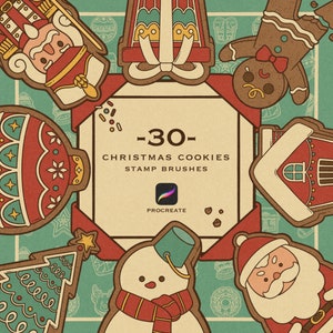 May include: A set of 30 Christmas cookie stamp brushes for Procreate. The brushes feature various holiday designs, including a gingerbread man, a snowman, a Christmas tree, a nutcracker, a house, and an ornament. The brushes are designed to create a vintage, hand-drawn look.