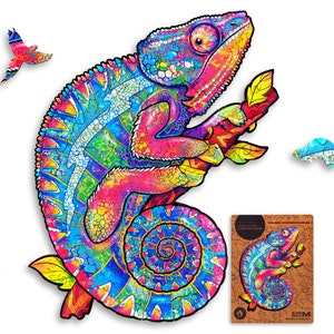 UNIDRAGON Animals Wooden Jigsaw Puzzle | Iridescent Chameleon | Original, Laser Cut, Unique Shape, for Adult and Kids, Beautiful Gift Box