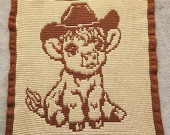 Highland Cow Boy Mosaic Crochet Baby Blanket Pattern (Reversible Mosaic and Mosaic Overlay)