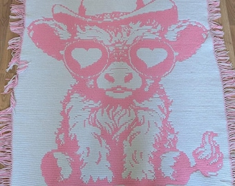 Highland Cow in Heart Sunglasses Mosaic Crochet Blanket Pattern (Reversible mosaic and Mosaic overlay)