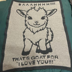 May include: A gray crocheted blanket with a black and white image of a goat and the text "BAAAAHHHH!!! THAT'S GOAT FOR "I LOVE YOU!!!"