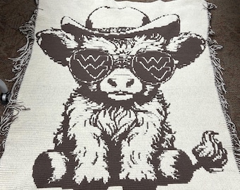 West Virginia Highland Cow Mosaic Crochet Blanket Pattern Reversible and Standard Mosaic Overlay