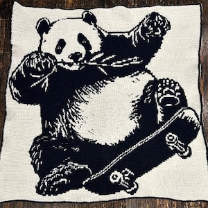 May include: A black and white crocheted blanket featuring a panda bear riding a skateboard. The panda is in a dynamic pose, with its arms raised and legs bent. The blanket has a black border.