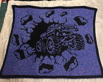 Patrón de manta de crochet con mosaico de Monster Truck (reversible y superpuesta)