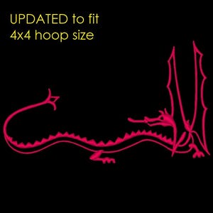 May include: A neon pink dragon design on a black background. The dragon is in profile with wings and a long body. The text "UPDATED to fit 4x4 hoop size" is in yellow.