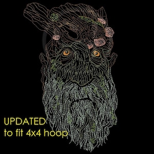 May include: An embroidered design of a bearded face with a tree-like appearance, featuring orange eyes and a long, flowing beard. The design includes details of bark and foliage, with the text "UPDATED to fit 4x4 hoop" at the bottom, all set against a black background.