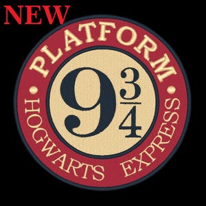 May include: A circular embroidered patch featuring a red border with the gold text "PLATFORM 9 3/4" and "HOGWARTS EXPRESS" surrounding a cream-colored center. The large black number "9" and the fraction "3/4" are centered in the middle.