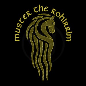May include: Black graphic with gold text and a horse silhouette. The text reads "muster the Rohirrim" in a circular pattern around the horse. The horse design is stylized with flowing lines, set against a black background.