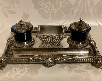 Art Deco Silver Plated Double Inkwell Desk Set