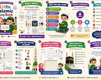 May include: A digital Little Islamic Busy Book for children ages 3-7, featuring 36 printable pages with educational activities about the Five Pillars of Islam, Arabic alphabet, prayer trackers, and Quranic lessons, presented in a colorful, illustrated format.