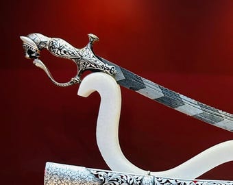 Indian Silver Damascened Sword: Rajput Sikh Maratha Shamshir with Lion Head
