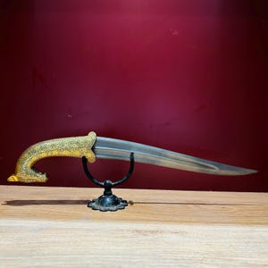 Vintage old Indo Persian Mughal Rajput Mewar wootz blade in gold Koftgari Kard Knife
