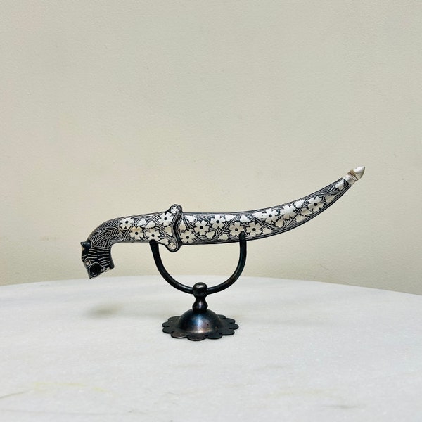 Indian handcrafted indo persian silver khanjar dagger with silver damascening & tiger face grip handle