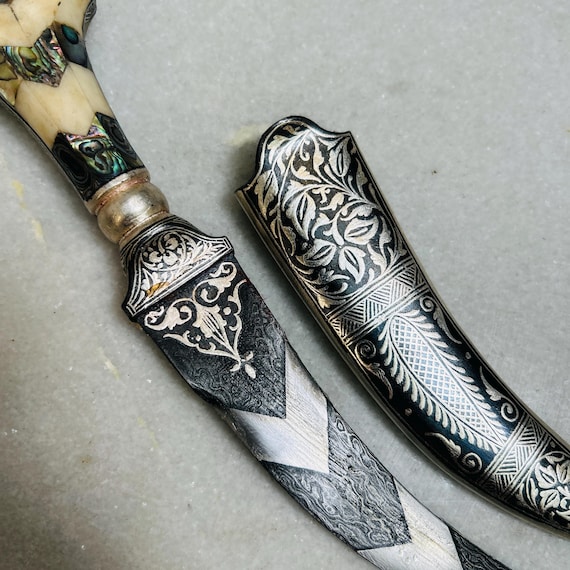 Indian Dagger: Silver Damascening, Mother of Pearl Handle