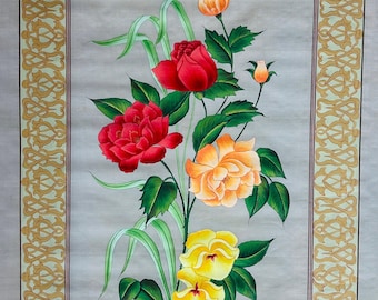 Mughal Flower Art, Indian Miniature Floral Painting, Vintage Style Print