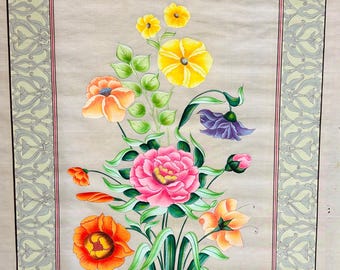 Mughal Flower Painting, Indian Floral Art on Tussar Silk