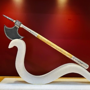 Indian decorative crescent damascus axe with silver koftgari work.