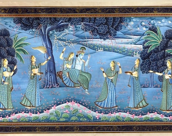 Pintura Radha Krishna Pichwai, arte indio pintado a mano sobre tela