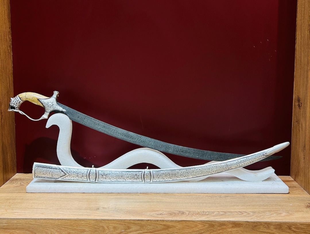 Vintage Indian Damascened Shamshir Sword: Tiger Head Hilt, Damascus ...