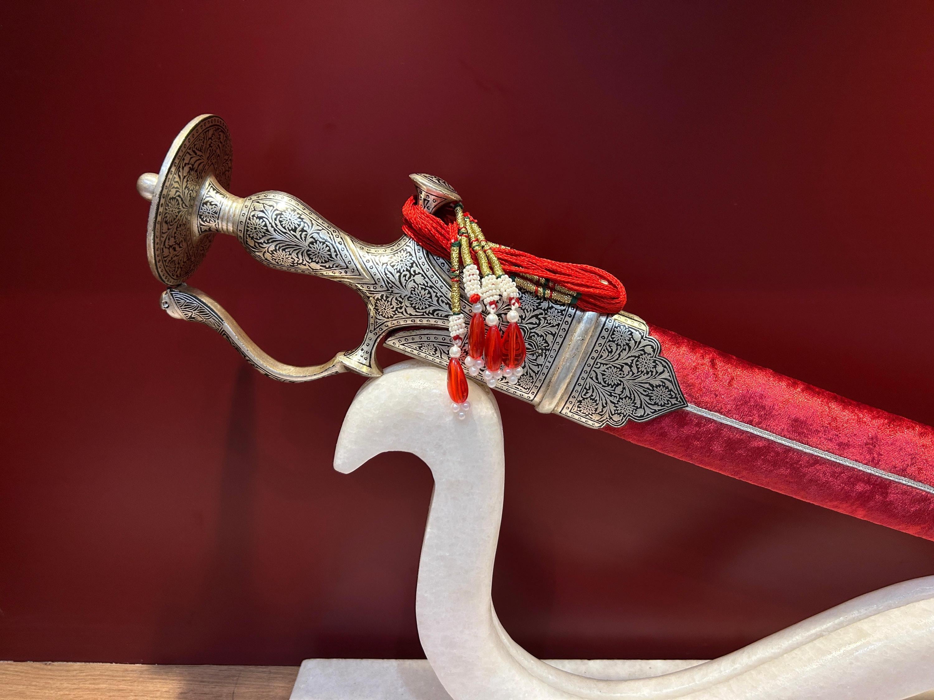 Vintage indian handcrafted silver damascened rajput sikh maratha sword shamshir talwar with disc pommel hilt and damascus blade