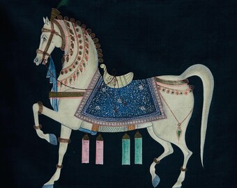 Indian Royal Horse Miniature Painting, Mughal Art Stallion Portrait