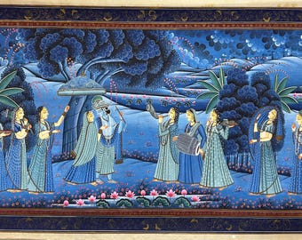 Pintura Radha Krishna Pichwai, arte indio pintado a mano sobre tela
