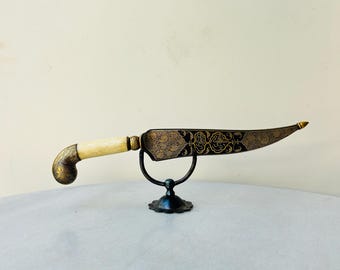 Vintage Peshkabz Knife: Damascus Blade, Bone Handle, Silver Damascening