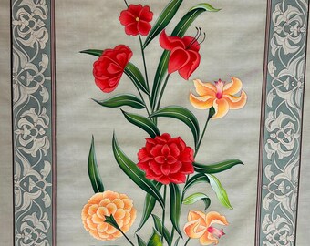Mughal Flower Art, Indian Floral Painting, Vintage Islamic Wall Art