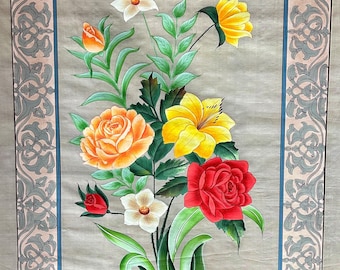 Mughal Flower Painting, Vintage Indian Floral Art, Tussar Silk Canvas