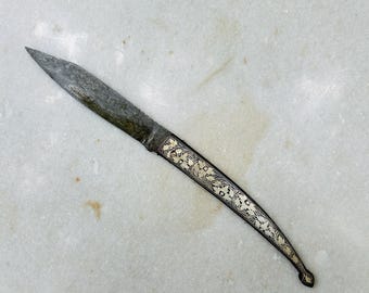 Damascus Steel Folding Pocket Knife, Silver Koftgari, Vintage