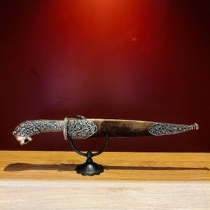 Indian handcrafted antique original indo Persian dagger/khanjar with lion head hand grip intricately hand carved in solid silver