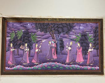 Pintura Pichwai del Señor Krishna pintada a mano, arte mural indio (30x51,5 pulgadas)