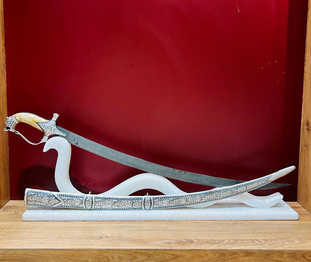 Vintage Silver Damascened Shamshir Sword: Tiger Head Hilt, Damascus ...
