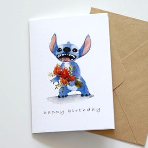 Watercolor Stitch Birthday Card: Floral Stitch Card, Lilo & Stitch Fan Gift