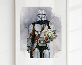 Mandalorian and Grogu Art Print, Baby Yoda Watercolor Fan Art