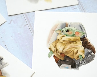 Baby Yoda and Mandalorian Watercolor Note Cards | Grogu, Din Djarin (Set of 4)