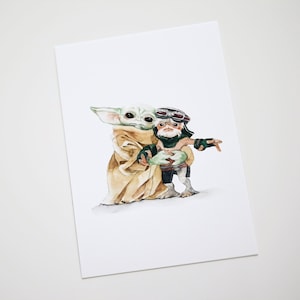 Impresión artística de Grogu y Anzellan de 5" x 7" / Sin apretar, Bad Baby / Pintura de acuarela de Grogu / Arte infantil de Baby Yoda / Arte de fan de The Mandalorian