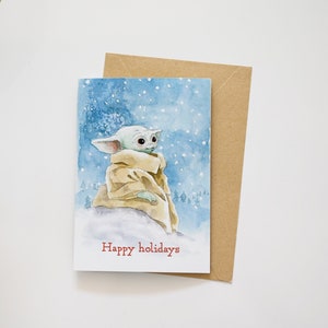 Tarjeta navideña Baby Yoda / Tarjeta de felicitación plegada Grogu / Tarjeta Grogu Happy Holidays / La tarjeta de felicitación mandaloriana / Regalo de fans de Baby Yoda